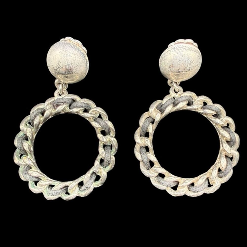 Vintage Large Silver Black Chain-Link Hoop Drop Clip on Retro Earrings